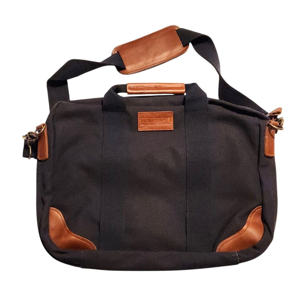 Lands End Square Rigger Briefcase Blue Canvas w/ Leather Trim Shoulder Strap